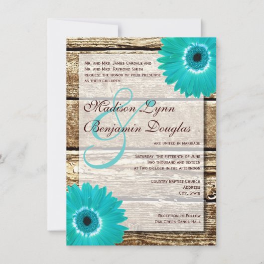 Rustic Wood Blauwgroen Gerber Daisy Wedding Invita Kaart (Voorkant)