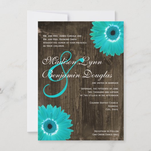 Rustic Wood Blauwgroen Gerber Daisy Wedding Invita Kaart (Voorkant)
