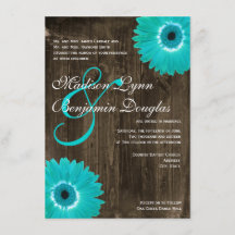Rustic Wood Blauwgroen Gerber Daisy Wedding Invita