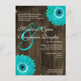 Rustic Wood Blauwgroen Gerber Daisy Wedding Invita Kaart