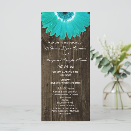 Rustic Wood Blauwgroen Gerber Daisy Wedding Progra Programmakaart (Staand voorkant)