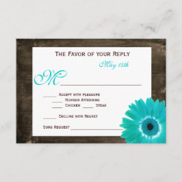 Rustic Wood Blauwgroen Gerber Daisy Wedding RSVP-k RSVP Kaartje