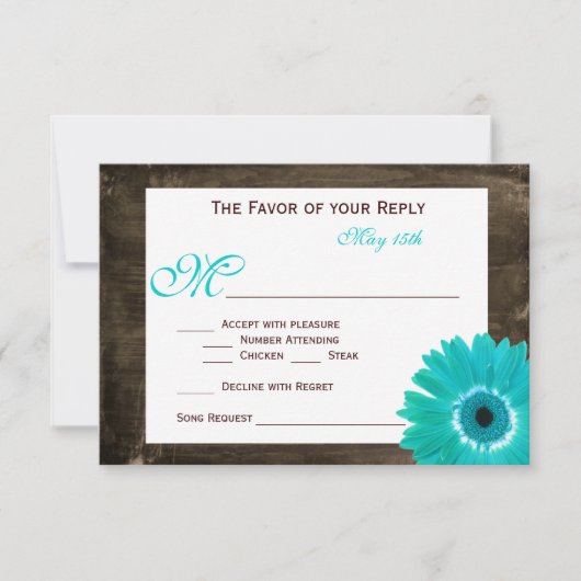 Rustic Wood Blauwgroen Gerber Daisy Wedding RSVP-k RSVP Kaartje (Voorkant)