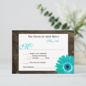 Rustic Wood Blauwgroen Gerber Daisy Wedding RSVP-k RSVP Kaartje (Staand voorkant)