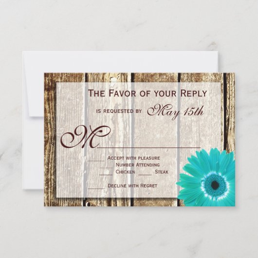 Rustic Wood Blauwgroen Gerber Daisy Wedding RSVP-k RSVP Kaartje (Voorkant)