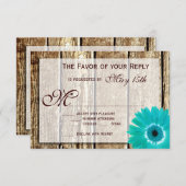 Rustic Wood Blauwgroen Gerber Daisy Wedding RSVP-k RSVP Kaartje (Voorkant / Achterkant)