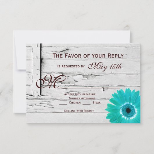 Rustic Wood Blauwgroen Gerber Daisy Wedding RSVP-k RSVP Kaartje (Voorkant)