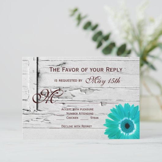 Rustic Wood Blauwgroen Gerber Daisy Wedding RSVP-k RSVP Kaartje (Staand voorkant)