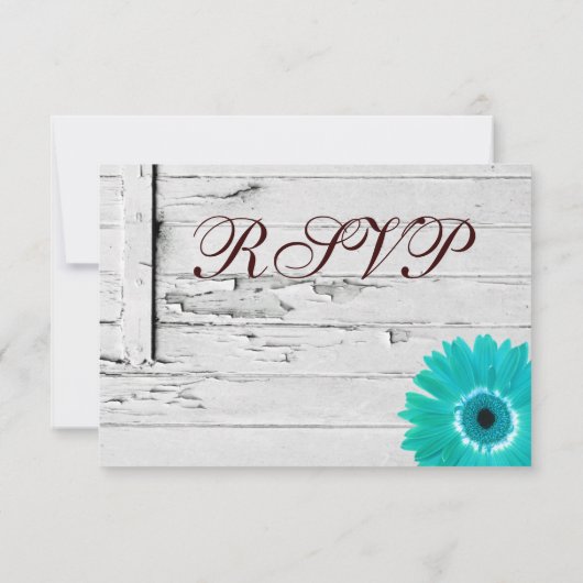 Rustic Wood Blauwgroen Gerber Daisy Wedding RSVP-k RSVP Kaartje (Achterkant)