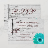 Rustic Wood Blauwgroen Gerber Daisy Wedding RSVP-k RSVP Kaartje (Voorkant / Achterkant)