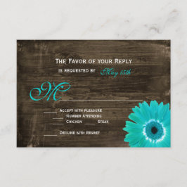Rustic Wood Blauwgroen Gerber Daisy Wedding RSVP-k RSVP Kaartje
