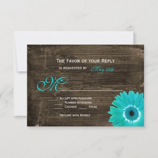 Rustic Wood Blauwgroen Gerber Daisy Wedding RSVP-k RSVP Kaartje (Voorkant)