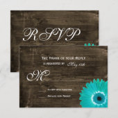 Rustic Wood Blauwgroen Gerber Daisy Wedding RSVP-k RSVP Kaartje (Voorkant / Achterkant)