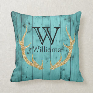 Rustic Wood Blauwgroen Gold Glitter Deer Antler Mo Kussen