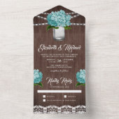 Rustic Wood Blauwgroen Hydrangea Mason Jar Wedding All In One Uitnodiging (Binnen)