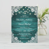 Rustic Wood Blauwgroen Lace String Lights Wedding Kaart (Staand voorkant)
