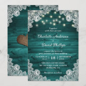Rustic Wood Blauwgroen Lace String Lights Wedding Kaart (Voorkant / Achterkant)