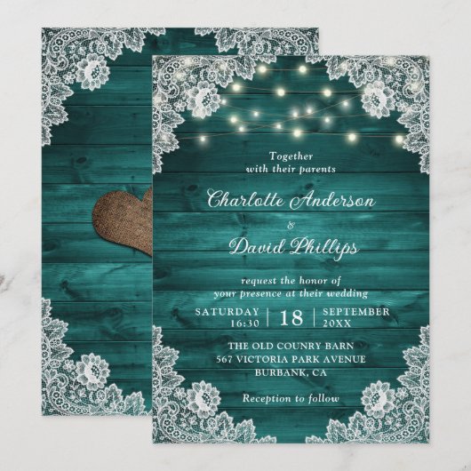 Rustic Wood Blauwgroen Lace String Lights Wedding Kaart (Voorkant / Achterkant)