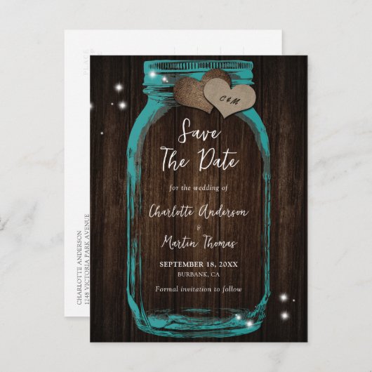 Rustic Wood Blauwgroen Mason Jar Wedding Save the  Aankondigingskaart (Voorkant / Achterkant)