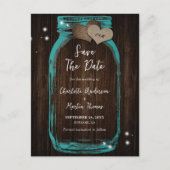 Rustic Wood Blauwgroen Mason Jar Wedding Save the  Aankondigingskaart (Voorkant)