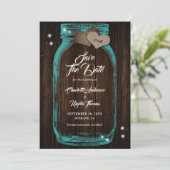 Rustic Wood Blauwgroen Mason Jar Wedding Save The Date (Staand voorkant)