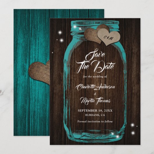 Rustic Wood Blauwgroen Mason Jar Wedding Save The Date (Voorkant / Achterkant)