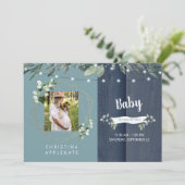 Rustic Wood Blauwgroen & Navy Foto Baby shower doo Kaart (Staand voorkant)