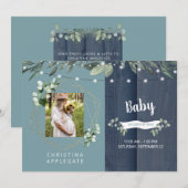 Rustic Wood Blauwgroen & Navy Foto Baby shower doo Kaart (Voorkant / Achterkant)