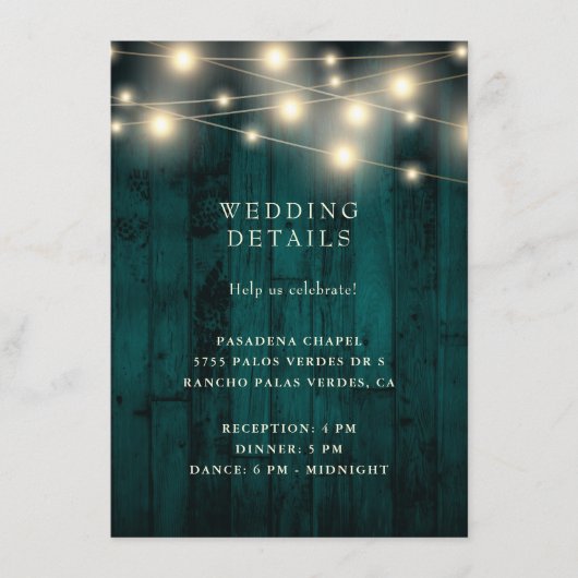 Rustic Wood Blauwgroen String Lights Wedding Recep Informatiekaartje (Voorkant)