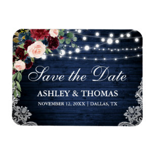 Rustic Wood Blue Burgundy Floral Save the Date Magneet