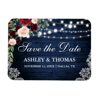 Rustic Wood Blue Burgundy Floral Save the Date Magneet