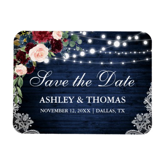 Rustic Wood Blue Burgundy Floral Save the Date Magneet (Horizontaal)