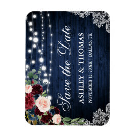 Rustic Wood Blue Burgundy Floral Save the Date Magneet
