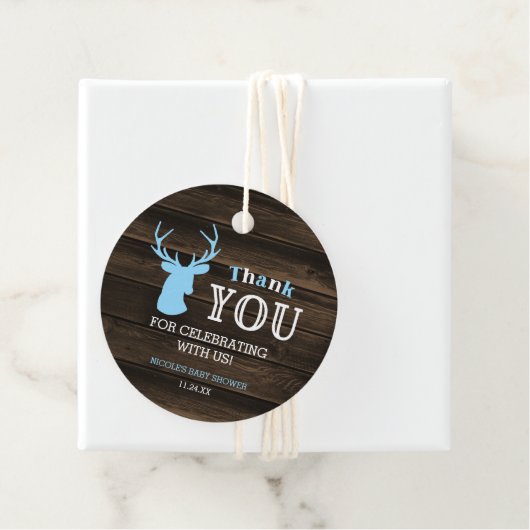 Rustic Wood Blue Deer Boy Baby shower Dank je Bedankjes Labels (In situ)