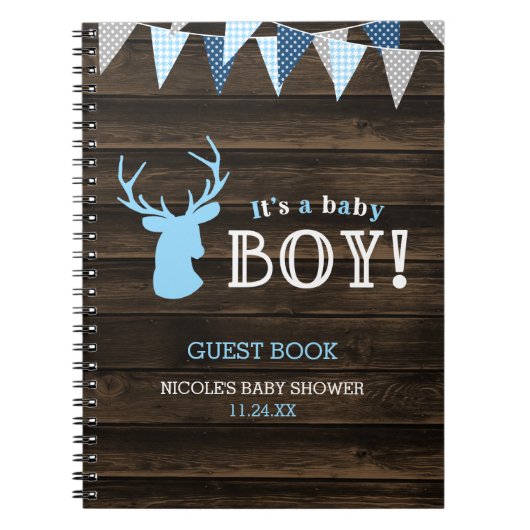 Rustic Wood Blue Deer Boy Baby shower Guest Book Notitieboek (Voorkant)