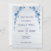 Rustic Wood  Blue Floral Elegant Save the Date (Voorkant)
