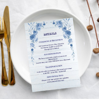 Rustic Wood  Blue Floral Elegant Wedding  Informatiekaartje