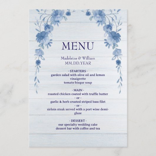 Rustic Wood  Blue Floral Elegant Wedding Menu (Voorkant)