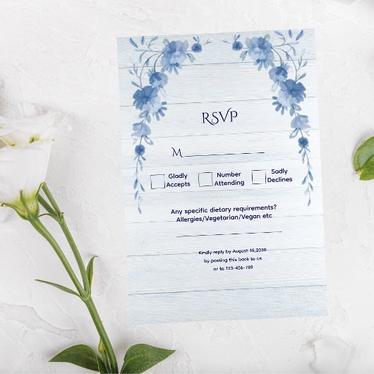 Rustic Wood  Blue Floral Elegant Wedding  RSVP Kaartje