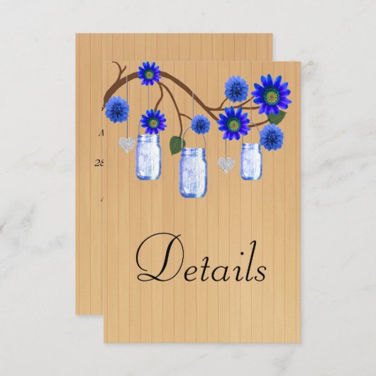 Rustic Wood Blue Floral Mason Jars Wedding Details Informatiekaartje (Voorkant / Achterkant)