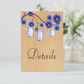 Rustic Wood Blue Floral Mason Jars Wedding Details Informatiekaartje (Staand voorkant)