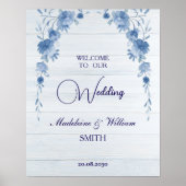 Rustic Wood Blue Floral Wedding Welcome Sign Poster (Voorkant)