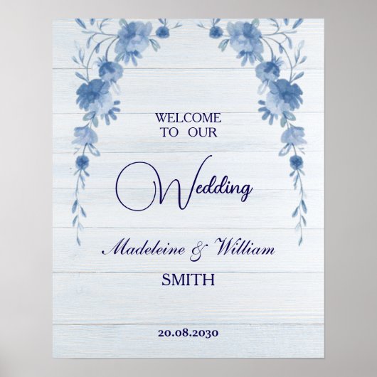 Rustic Wood Blue Floral Wedding Welcome Sign Poster (Voorkant)