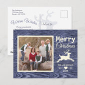 Rustic Wood Blue Reindeer Kerstfamilie Foto Feestdagenkaart (Voorkant / Achterkant)