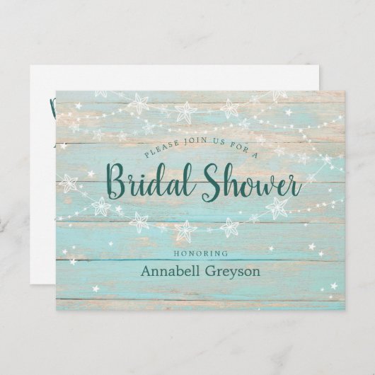 Rustic Wood Blue String Stars Vrijgezellenfeest Uitnodiging Briefkaart (Voorkant / Achterkant)