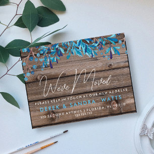Rustic Wood & Blue verlaat "We've Moved" Aankondigingskaart