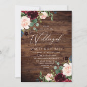 Rustic Wood Blush Burgundy Floral Elegant Wedding Kaart (Voorkant)