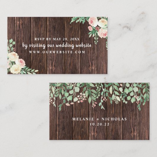 Rustic Wood Blush Floral bruiloft RSVP Informatiekaartje (Voorkant / Achterkant)
