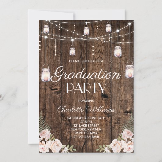 Rustic Wood Blush Floral Graduation Party Kaart (Voorkant)