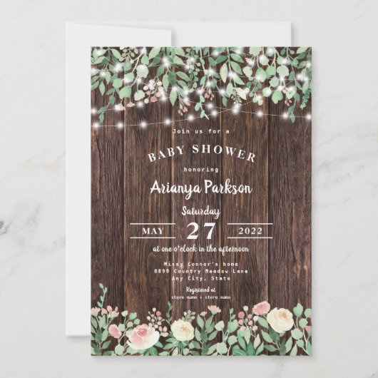 Rustic Wood Blush Floral Lights Baby shower Kaart (Voorkant)